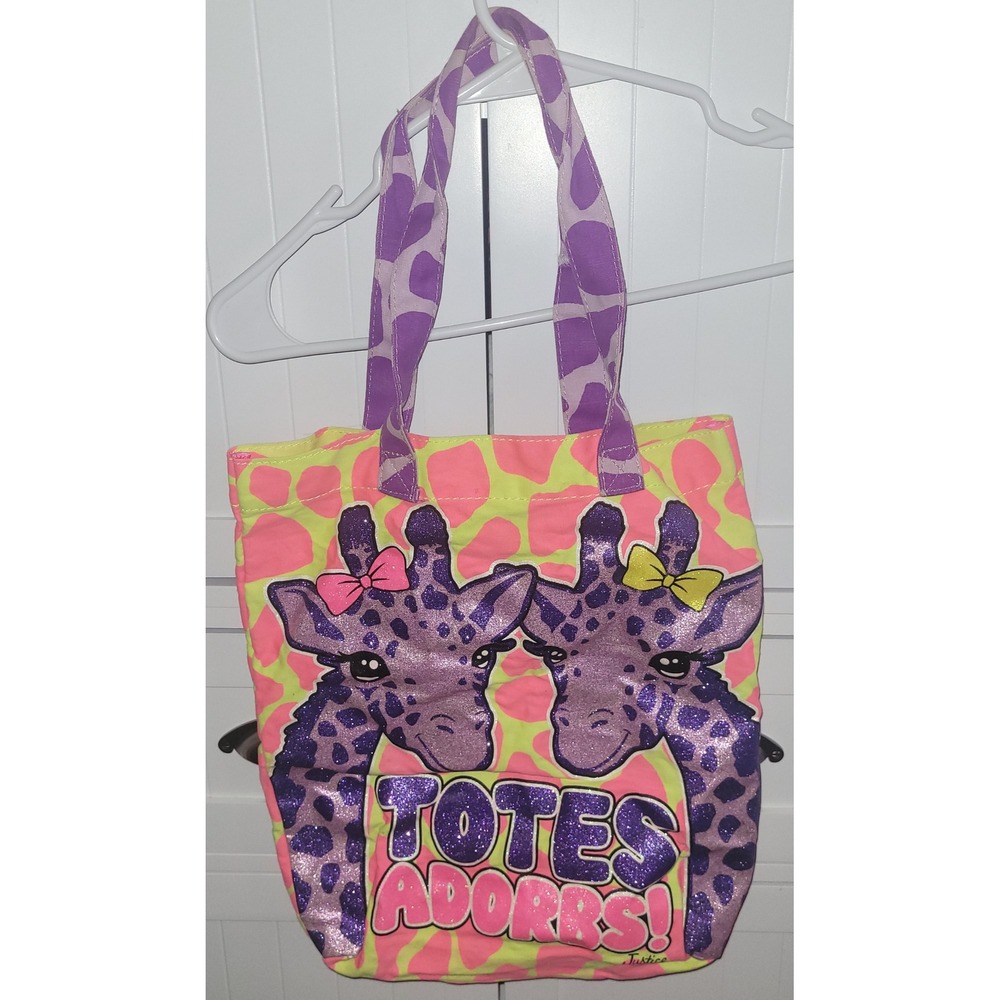 Justice Giraffe Totes Adorbs‎ Tote Bag Pink Yellow Purple Glitter y2k girl core